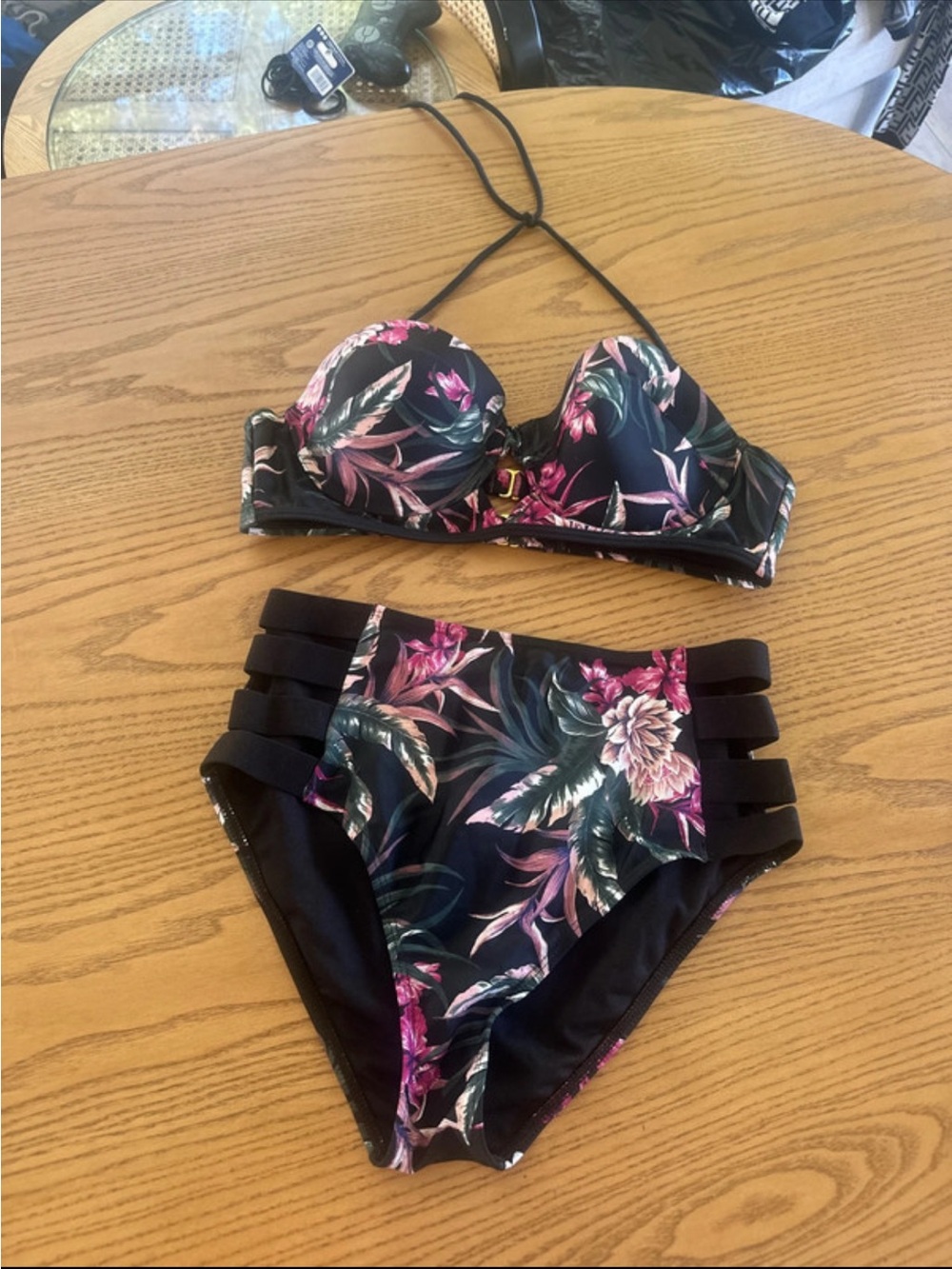 bebe Black Floral Halter Bikini Top with Pink Blooms